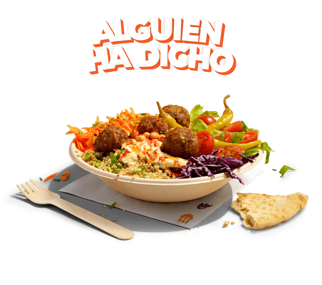 Gràfic de ALGUIEN HA DICHO sobre un plat de falàfel i verdures sobre un fons taronja amb el logotip de JUST EAT a sota